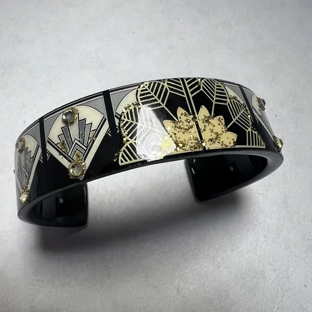 Set of 3 Resin Cuff Bracelets Panda Bear Floral Daisy Art Deco Black Wide Bangle